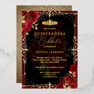 Elegante Goldene Rote Rosen Quinceanera Folieneinladung