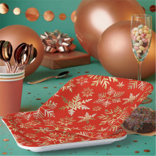 Elegante goldene Schneeflocken Lava-Rot-Christmas Pappteller