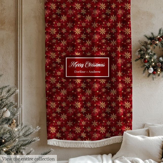 Elegante goldene Schneeflocken tiefrote Wasserfarb Fleecedecke (Elegant gold snowflakes deep red watercolor Fleece Blanket)