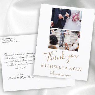 Elegante goldene Schrift Hochzeit 2 Fotos Danke Postkarte
