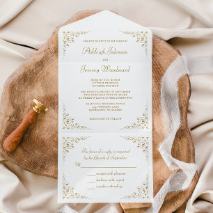 Elegante goldene Schrift Vintage-Botanik-Rahmen All In One Einladung