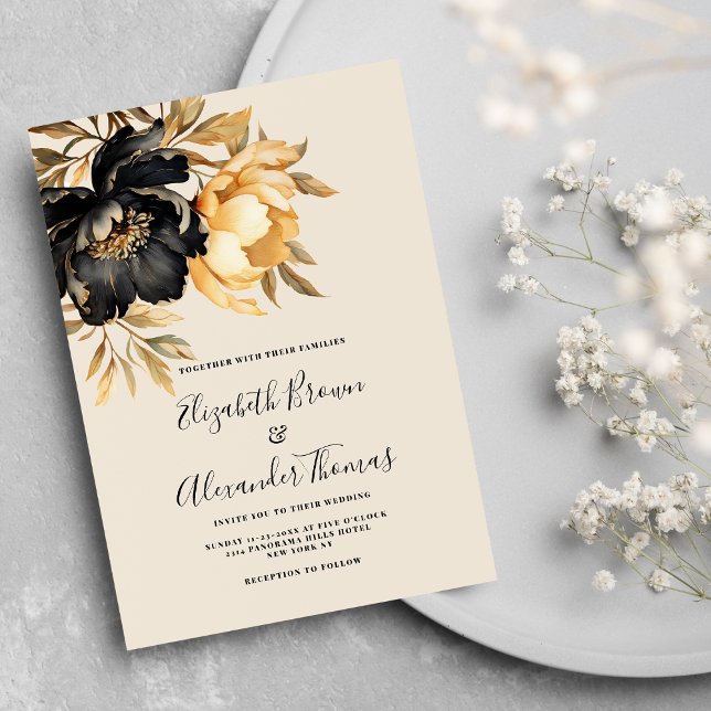 Elegante goldene, schwarze Elfenbeinpfirsiche Blüt Einladung (Elegant gold black ivory mint peony floral wedding)