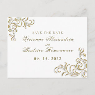 Elegante goldene Scrollhochzeit Sichern des Datums Postkarte