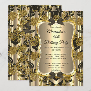 Elegante Goldene Sepia Schwarze Damast-Geburtstags Einladung