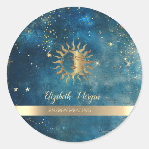 Elegante Goldene Sonne Sterne Blaue Aquarellmalere Runder Aufkleber