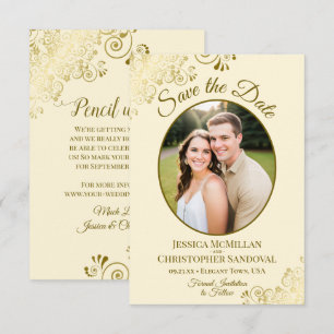 Elegante goldene Spitzen-Oval-Foto-Elfenbein-Creme Save The Date