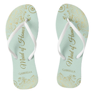 Elegante goldene Spitzen Trauzeugin Mint Green Wed Flip Flops