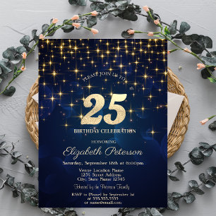 Elegante Goldene Sterne Navy Blau 25. Geburtstags Einladung