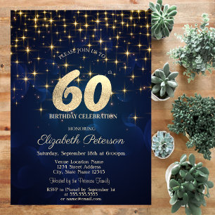 Elegante Goldene Sterne Navy Blau 60. Geburtstags Einladung