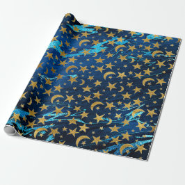 Elegante goldene Sterne und blauer Mondmarmor Geschenkpapier