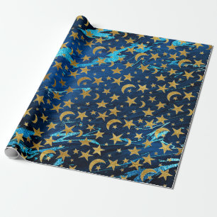 Elegante goldene Sterne und blauer Mondmarmor Geschenkpapier