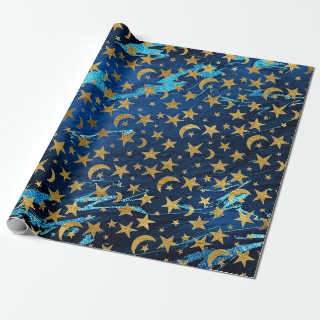 Elegante goldene Sterne und blauer Mondmarmor Geschenkpapier (Ungerollt)