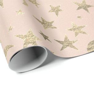 Elegante goldene Sterne und Mond-Imitat-rosa Rose Geschenkpapier