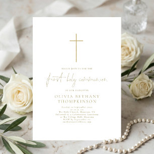 Elegante Goldene Textkreuz-Erstkommunion Einladung
