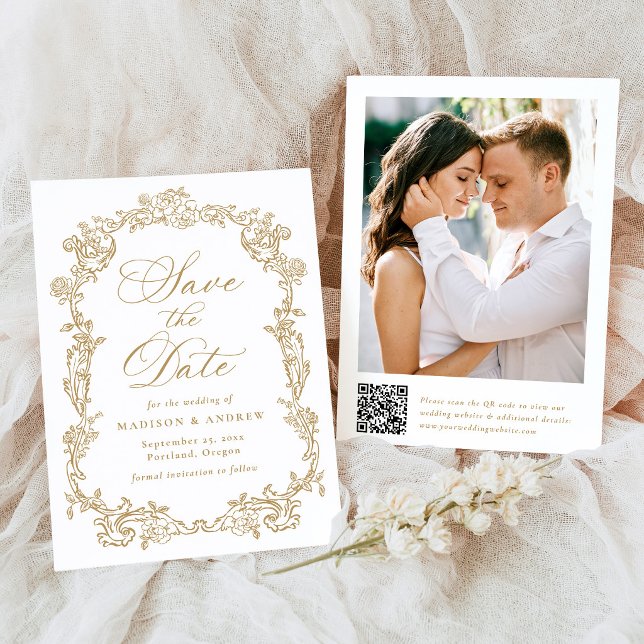 Elegante goldene viktorianische florale QR-Code-Ho Save The Date (Von Creator hochgeladen)