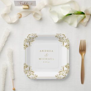 Elegante goldene Vintage-Klassiker-Hochzeitsdesser Pappteller