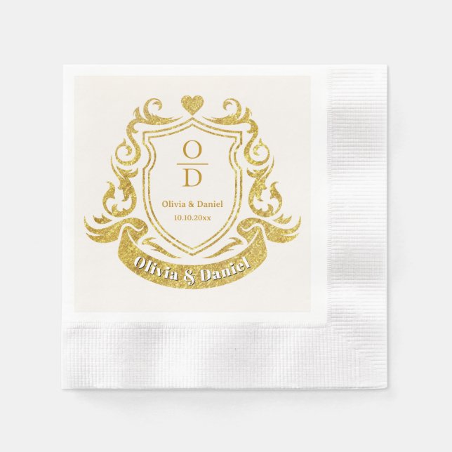 Elegante Goldene Wappen-Hochzeit I Monogramm & Dat Serviette (Vorderseite)