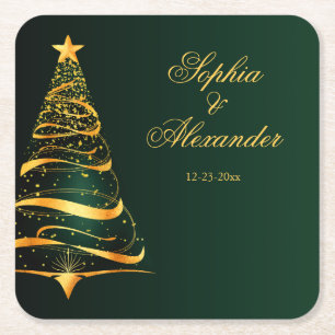 Elegante goldene Weihnachtsbaum-Hochzeit Chic Rechteckiger Pappuntersetzer