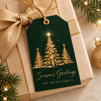 Elegante goldene Weihnachtsbäume Frohe Festtage Geschenkanhänger