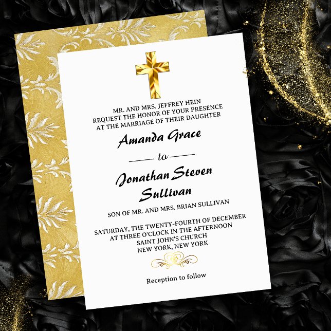 Elegante Goldene Weihnachtsfeier Christliche Cross Einladung (Elegant Gold Christmas Eve Christian Cross Wedding Invitation)