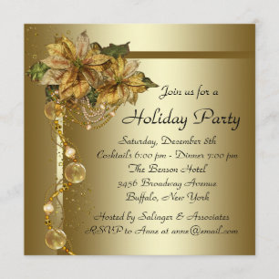 Elegante Goldene Weihnachtsfeier Poinsettie Schwar Einladung