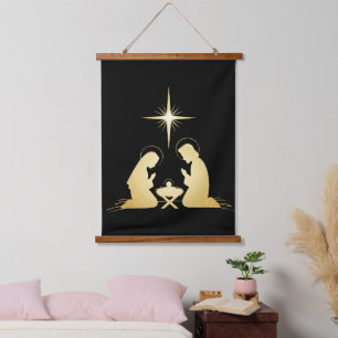 Elegante Goldene Weihnachtskrippe   Moderne christ Wandteppich Mit Holzrahmen