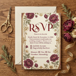Elegante goldene Weinrote Rosen Sanfte Elfenbein H RSVP Karte