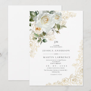 Elegante Goldene Weiße Rosen Hochzeit Einladung