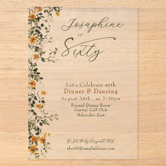 Elegante goldene Wildblume zum sechzigsten Geburts Acryleinladungen