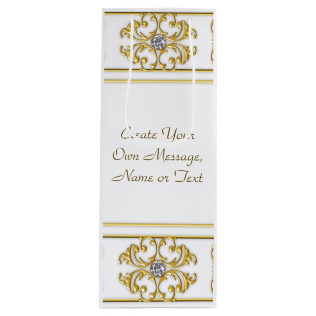 Elegante goldene Ziergrenze mit Diamantakzent Geschenktüte Für Weinflaschen (Vorderseite)