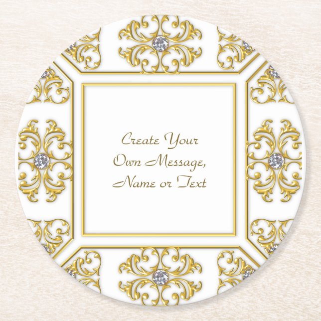 Elegante goldene Ziergrenze mit Diamantakzent Runder Pappuntersetzer (Vorderseite)