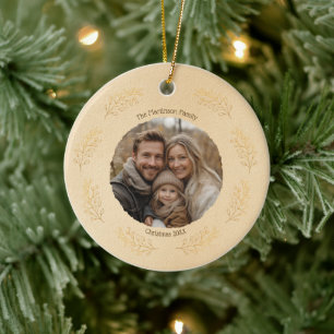 Elegante goldene Zweige Familienfoto Weihnachten B Keramik Ornament