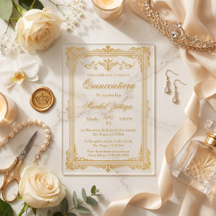 Elegante goldfarbene Acryl-Quinceañera-Einladung  Acryleinladungen