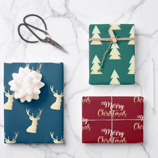 Elegante goldfarbene, blaue Weihnachtsmuster Geschenkpapier Set (Vorderseite)