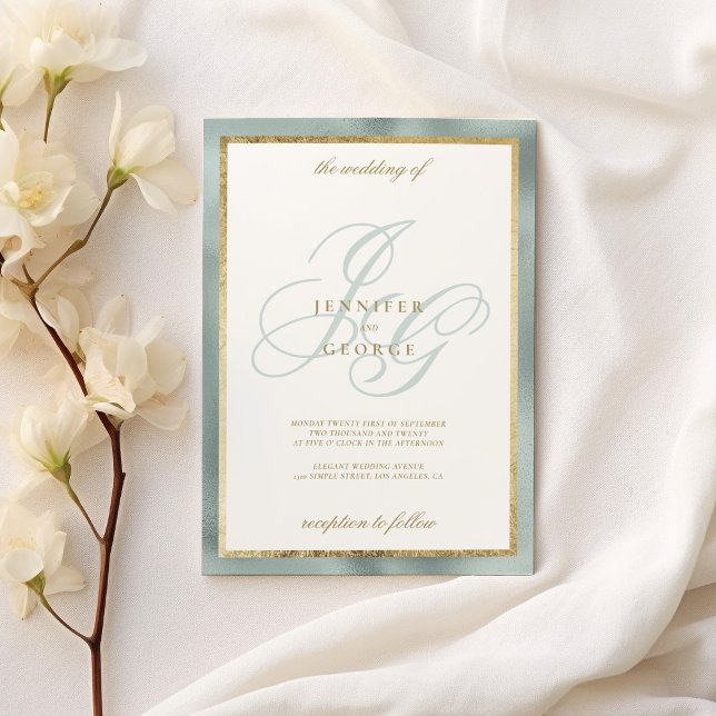 Elegante goldfarbene Monogramm-Initialen Einladung (Elegant gold mint green monogram initials wedding)