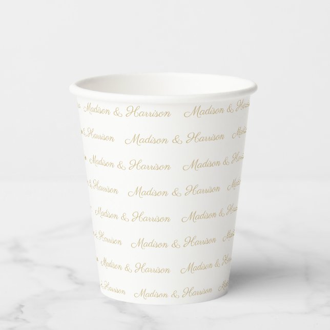 Elegante goldfarbene, weiße Skriptnamen chic Pappbecher (Vorderseite)