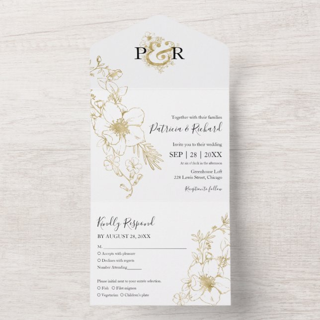 Elegante Goldfoil-Monogramm-Hochzeit All In One Einladung (Innen Boden)