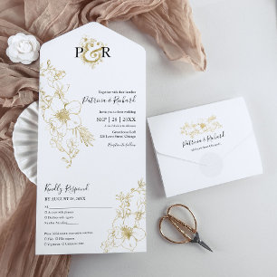 Elegante Goldfoil-Monogramm-Hochzeit All In One Einladung