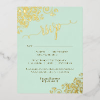 Elegante Goldfolie auf Mint Green Wedding RSVP Car