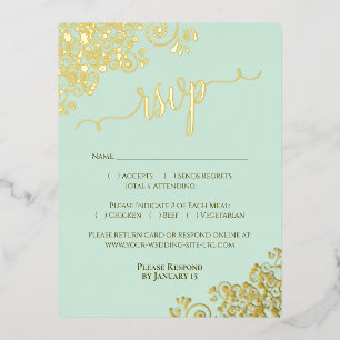 Elegante Goldfolie auf Mint Green Wedding RSVP Car Folie Einladungspostkarte