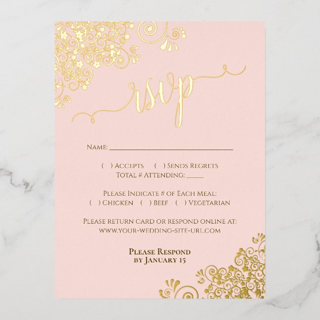 Elegante Goldfolie auf Rosa Hochzeitskarte Folie Einladungspostkarte (Vorderseite)