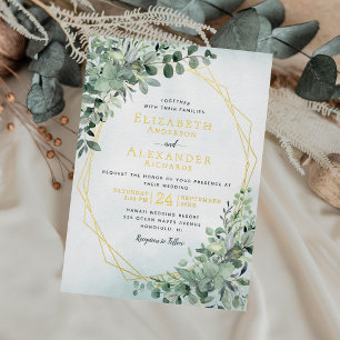 Elegante Goldfolie-Eukalyptus-Grün-Hochzeit Folieneinladung