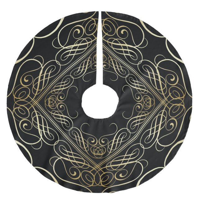 Elegante Goldfolie Filigree Scrollwork Black Polyester Weihnachtsbaumdecke (Vorderseite)