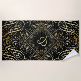 Elegante Goldfolie Filigree Scrollwork Black Strandtuch