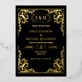 Elegante Goldfolie Verziert Monogram Black Wedding Folieneinladung