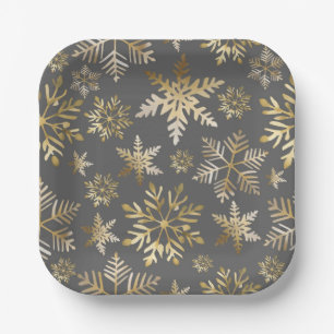 Elegante Goldfolien-Schneeflocken Graue Weihnachte Pappteller