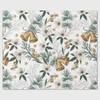 Elegante Goldglocken & Weißes Winterblumenmuster Geschenkpapier
