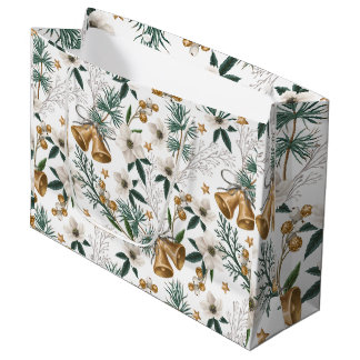 Elegante Goldglocken & Weißes Winterblumenmuster Große Geschenktüte