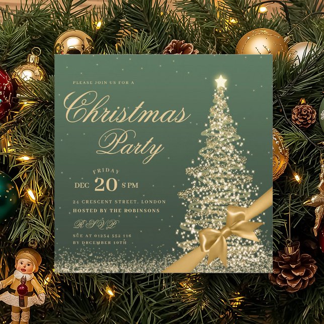 Elegante goldgrüne Weihnachtsbaumschleife  Einladung (Elegant Gold Green Winter Christmas Tree Bow Invitation)