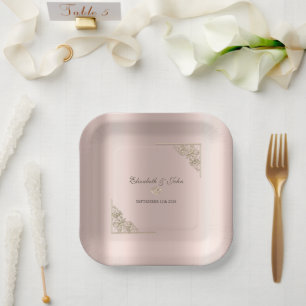 Elegante Goldherzen Roségold-Hochzeit Pappteller
